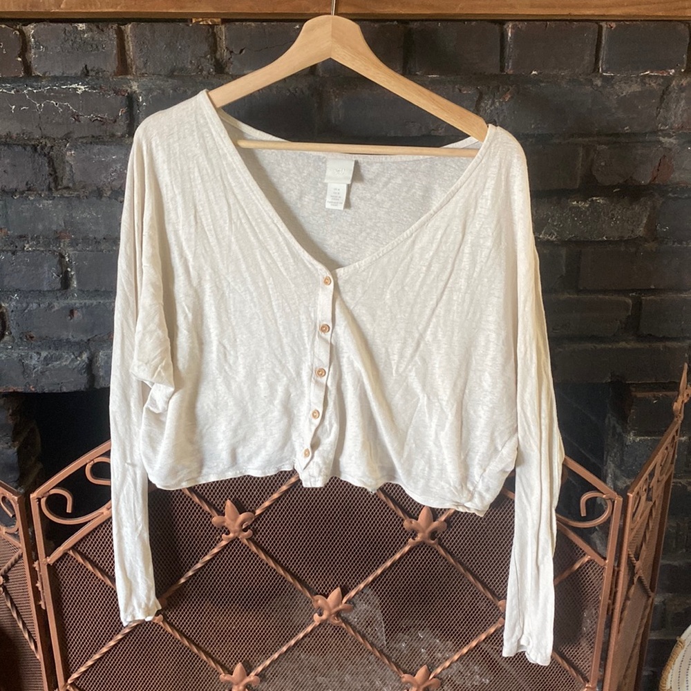 H&M Cream Linen Lighweight Cropped Button Cardigan